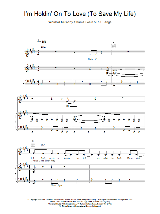 Shania Twain I'm Holdin' On To Love (To Save My Life) sheet music notes and chords. Download Printable PDF.