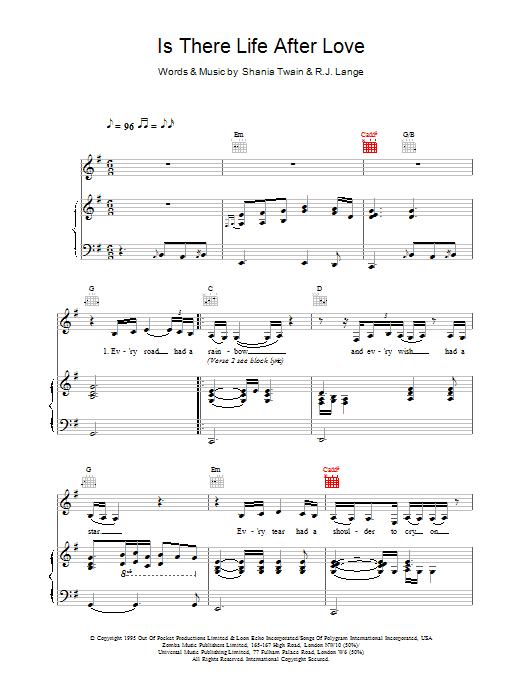 Shania Twain Is There Life After Love Sheet Music Notes & Chords for Piano, Vocal & Guitar - Download or Print PDF