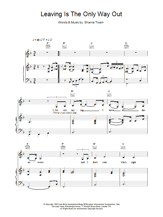 Shania Twain Leaving Is The Only Way Out Sheet Music Notes & Chords for Piano, Vocal & Guitar - Download or Print PDF