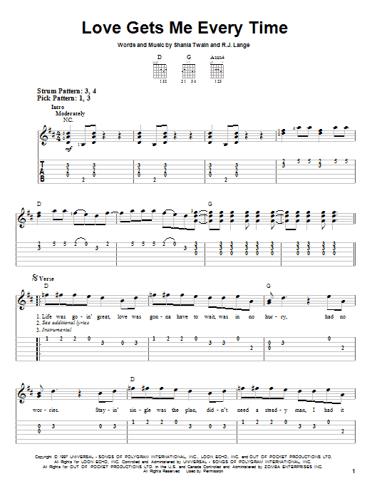 Shania Twain Love Gets Me Every Time Sheet Music Notes & Chords for Easy Guitar Tab - Download or Print PDF