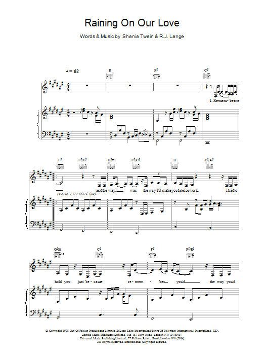 Shania Twain Raining On Our Love Sheet Music Notes & Chords for Piano, Vocal & Guitar - Download or Print PDF