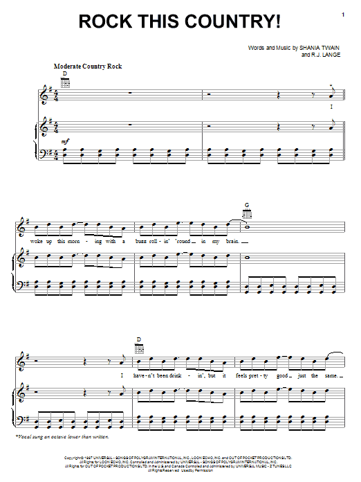 Shania Twain Rock This Country! Sheet Music Notes & Chords for Lyrics & Chords - Download or Print PDF