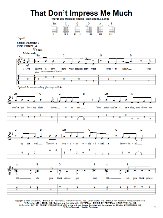 Shania Twain That Don't Impress Me Much Sheet Music Notes & Chords for Easy Guitar Tab - Download or Print PDF