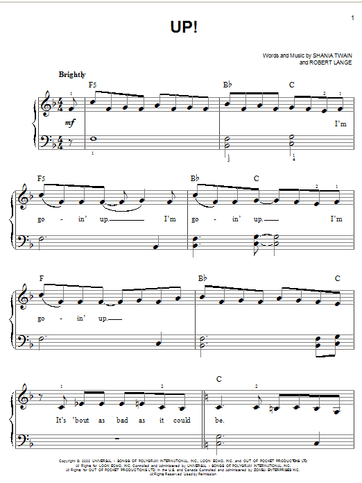 Shania Twain Up! Sheet Music Notes & Chords for Easy Piano - Download or Print PDF