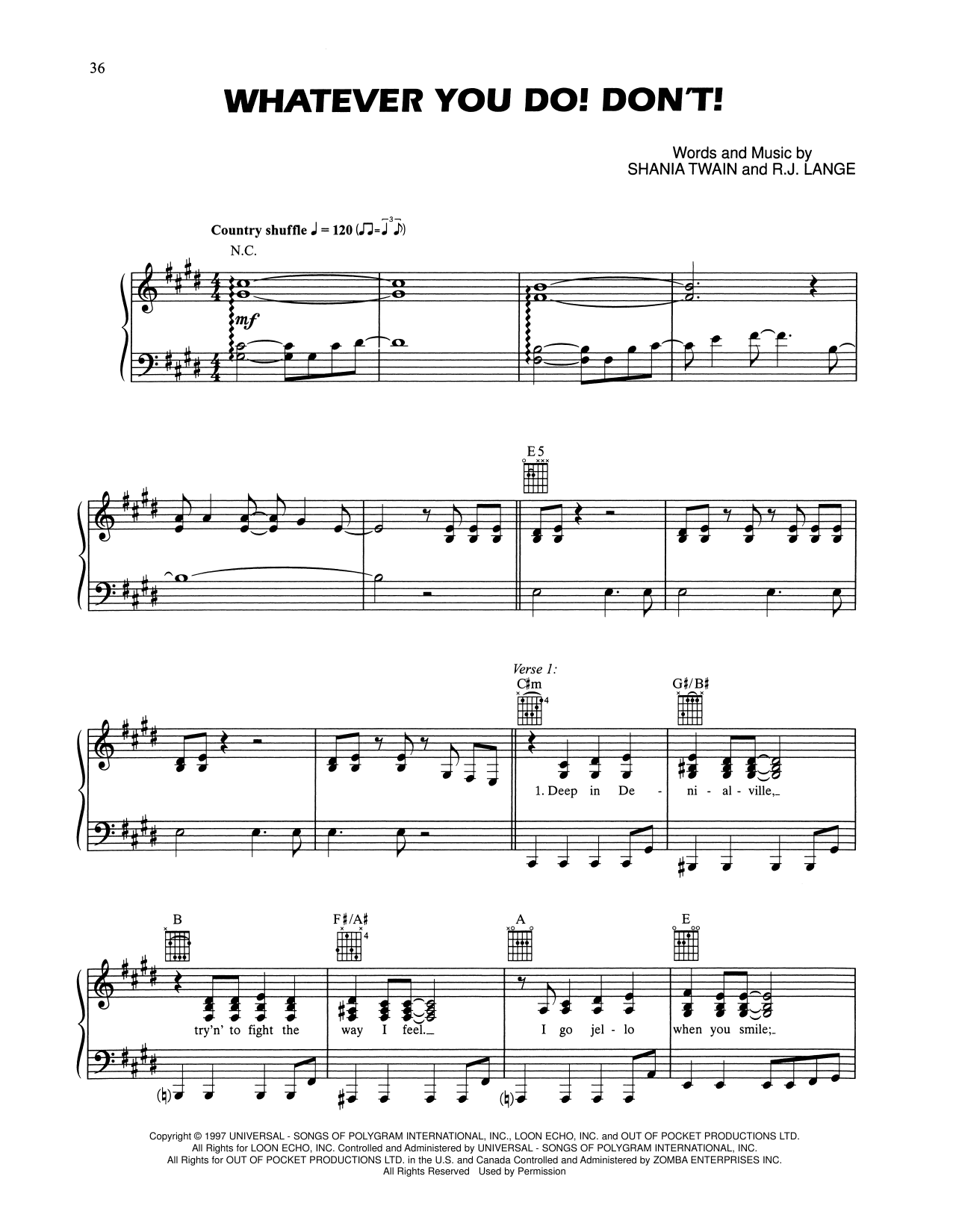 Shania Twain Whatever You Do! Don't! Sheet Music Notes & Chords for Piano, Vocal & Guitar Chords (Right-Hand Melody) - Download or Print PDF