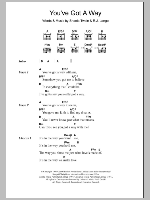 Shania Twain You've Got A Way Sheet Music Notes & Chords for Piano, Vocal & Guitar (Right-Hand Melody) - Download or Print PDF