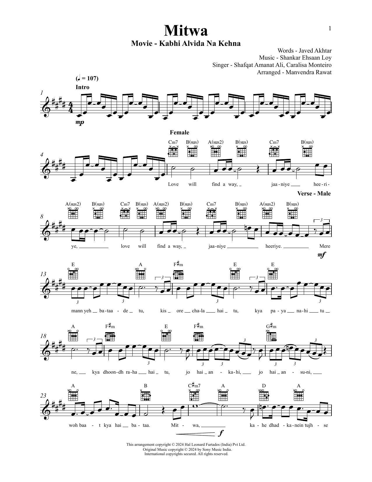 Shankar-Ehsaan-Loy Mitwa (from Kabhi Alvida Naa Kehna) Sheet Music Notes & Chords for Lead Sheet / Fake Book - Download or Print PDF