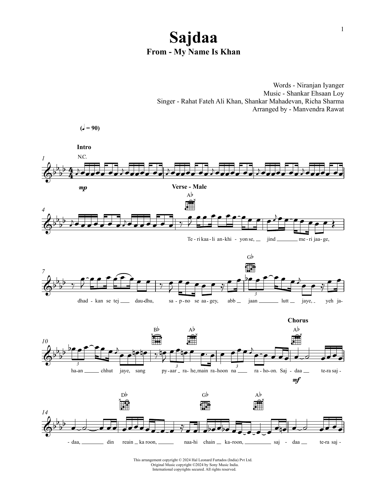 Shankar-Ehsaan-Loy Sajdaa (from My Name Is Khan) Sheet Music Notes & Chords for Lead Sheet / Fake Book - Download or Print PDF