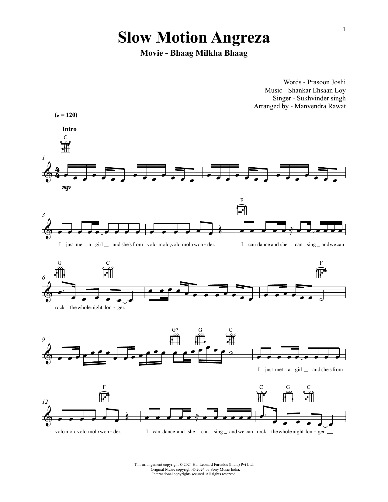 Shankar-Ehsaan-Loy Slow Motion Angreza (from Bhaag Milkha Bhaag) Sheet Music Notes & Chords for Lead Sheet / Fake Book - Download or Print PDF