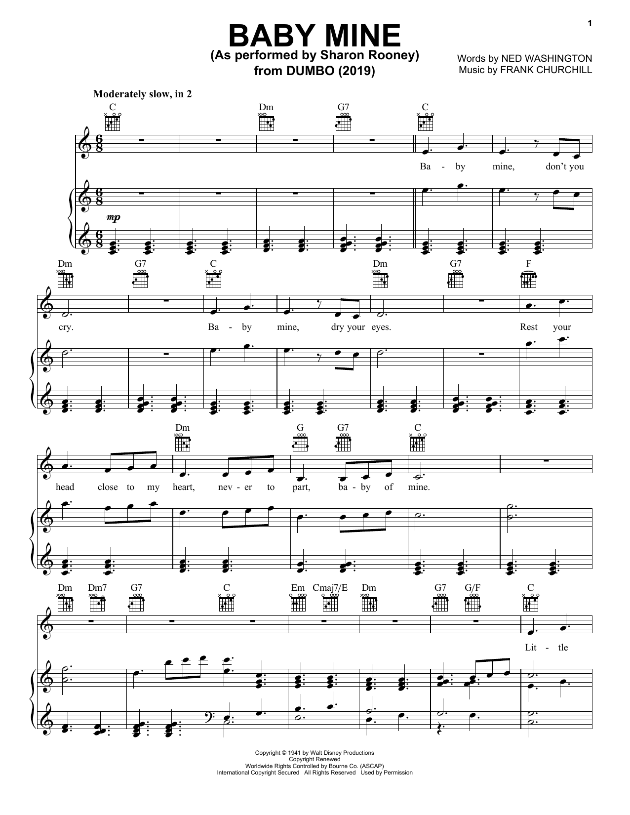 Sharon Rooney Baby Mine (from the Motion Picture Dumbo) Sheet Music Notes & Chords for Piano, Vocal & Guitar (Right-Hand Melody) - Download or Print PDF