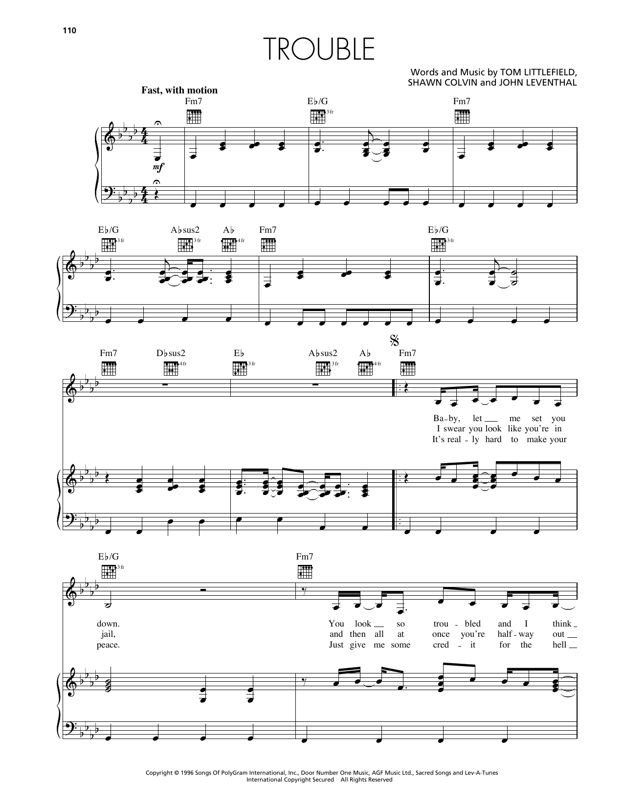 Shawn Colvin Trouble Sheet Music Notes & Chords for Piano, Vocal & Guitar Chords (Right-Hand Melody) - Download or Print PDF