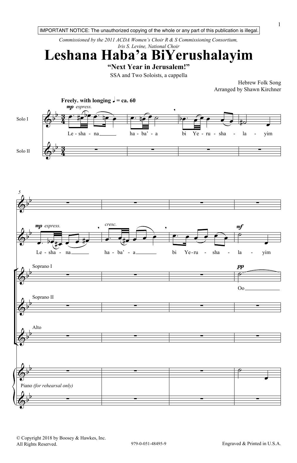 Shawn Kirchner Leshana Haba'a BiYerushalayim Sheet Music Notes & Chords for SSA Choir - Download or Print PDF