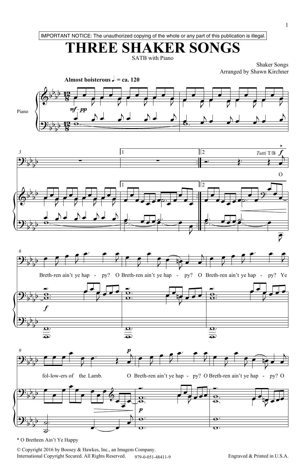 Shawn Kirchner Three Shaker Songs Sheet Music Notes & Chords for SATB - Download or Print PDF