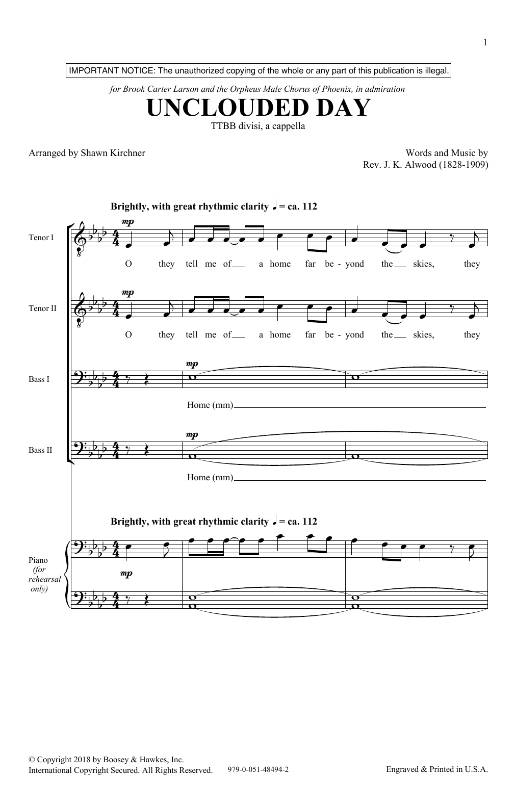 Shawn Kirchner Unclouded Day (from Heavenly Home: Three American Songs) Sheet Music Notes & Chords for SSAATTBB Choir - Download or Print PDF