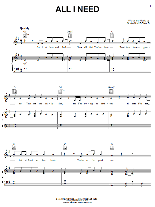 Shawn McDonald All I Need Sheet Music Notes & Chords for Piano, Vocal & Guitar (Right-Hand Melody) - Download or Print PDF