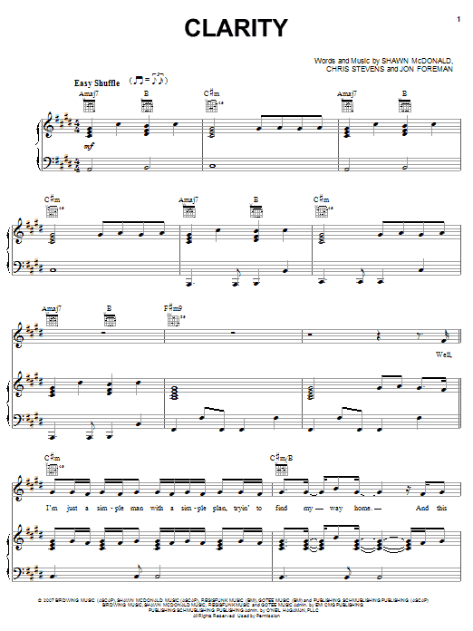 Shawn McDonald Clarity Sheet Music Notes & Chords for Piano, Vocal & Guitar (Right-Hand Melody) - Download or Print PDF