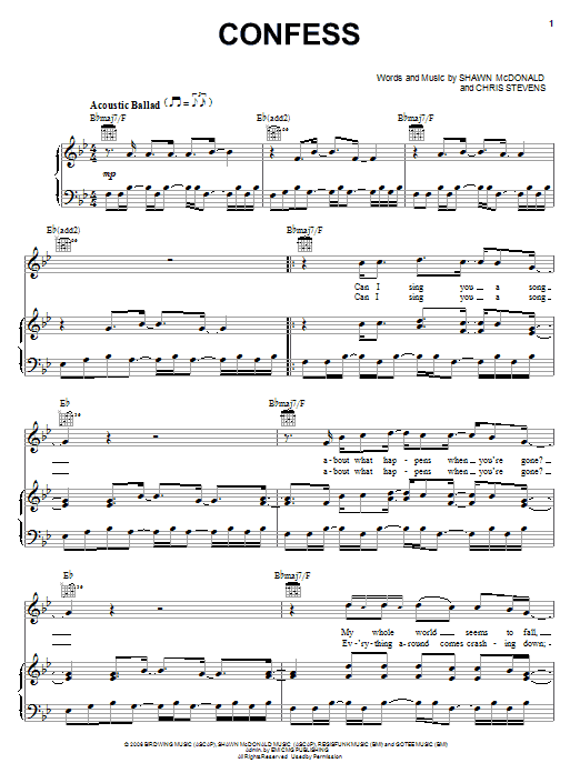 Shawn McDonald Confess Sheet Music Notes & Chords for Piano, Vocal & Guitar (Right-Hand Melody) - Download or Print PDF