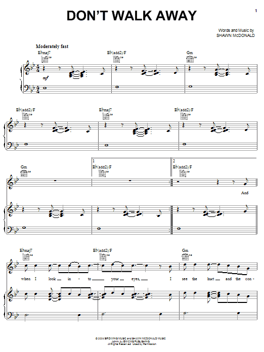 Shawn McDonald Don't Walk Away Sheet Music Notes & Chords for Piano, Vocal & Guitar (Right-Hand Melody) - Download or Print PDF