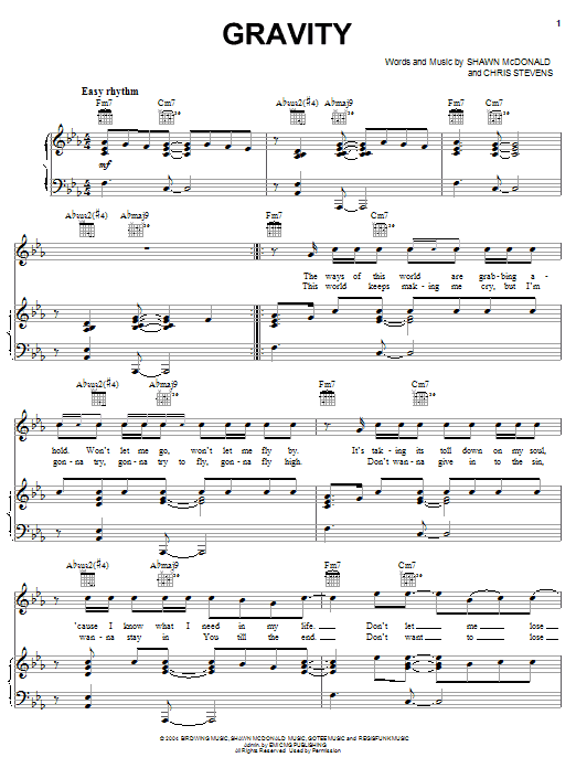Shawn McDonald Gravity Sheet Music Notes & Chords for Piano, Vocal & Guitar (Right-Hand Melody) - Download or Print PDF