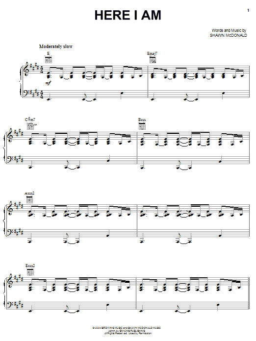 Shawn McDonald Here I Am Sheet Music Notes & Chords for Piano, Vocal & Guitar (Right-Hand Melody) - Download or Print PDF