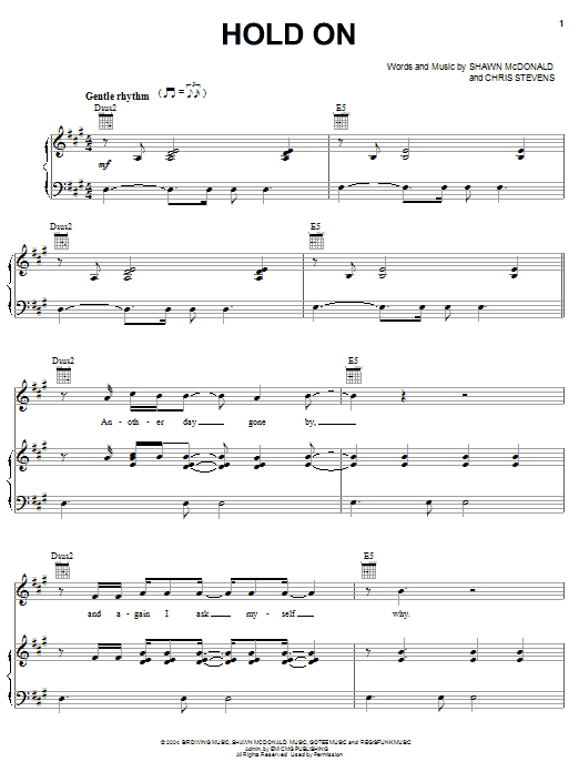 Shawn McDonald Hold On Sheet Music Notes & Chords for Piano, Vocal & Guitar (Right-Hand Melody) - Download or Print PDF