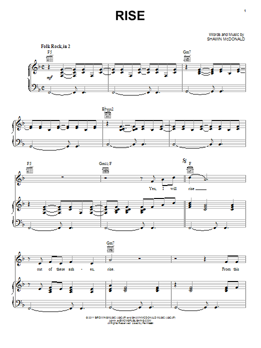 Shawn McDonald Rise Sheet Music Notes & Chords for Piano, Vocal & Guitar (Right-Hand Melody) - Download or Print PDF
