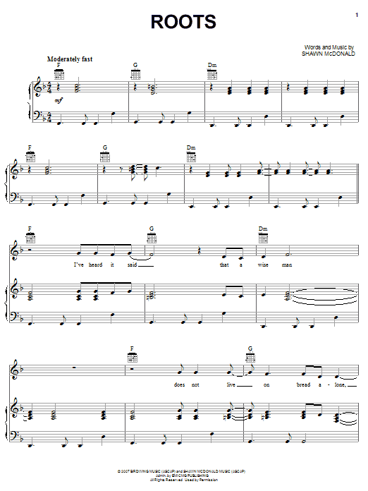 Shawn McDonald Roots Sheet Music Notes & Chords for Piano, Vocal & Guitar (Right-Hand Melody) - Download or Print PDF