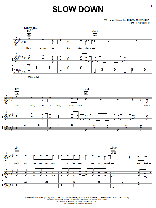 Shawn McDonald Slow Down Sheet Music Notes & Chords for Piano, Vocal & Guitar (Right-Hand Melody) - Download or Print PDF