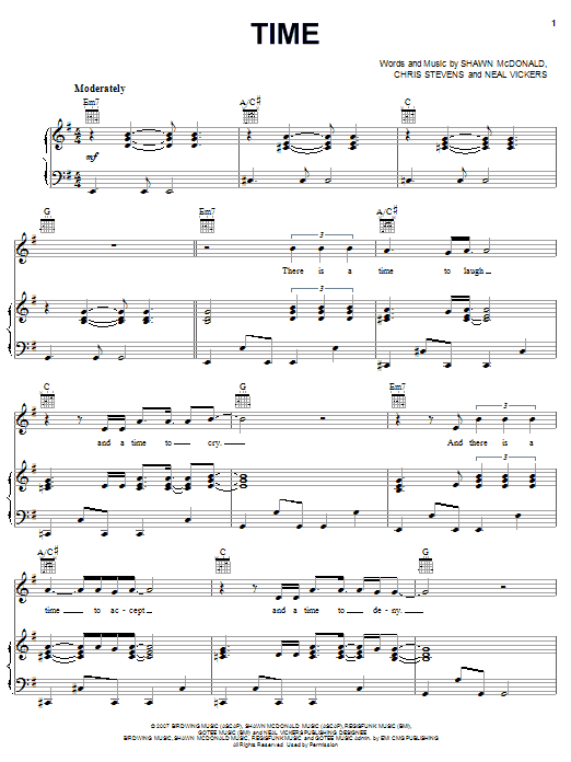 Shawn McDonald Time Sheet Music Notes & Chords for Piano, Vocal & Guitar (Right-Hand Melody) - Download or Print PDF