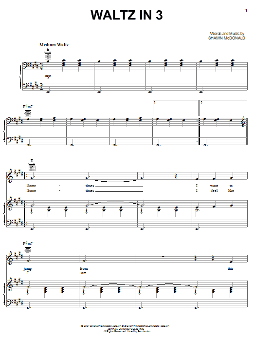 Shawn McDonald Waltz In 3 Sheet Music Notes & Chords for Piano, Vocal & Guitar (Right-Hand Melody) - Download or Print PDF