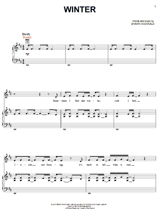 Shawn McDonald Winter Sheet Music Notes & Chords for Piano, Vocal & Guitar (Right-Hand Melody) - Download or Print PDF