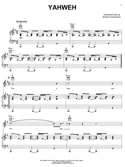 Shawn McDonald Yahweh Sheet Music Notes & Chords for Piano, Vocal & Guitar (Right-Hand Melody) - Download or Print PDF