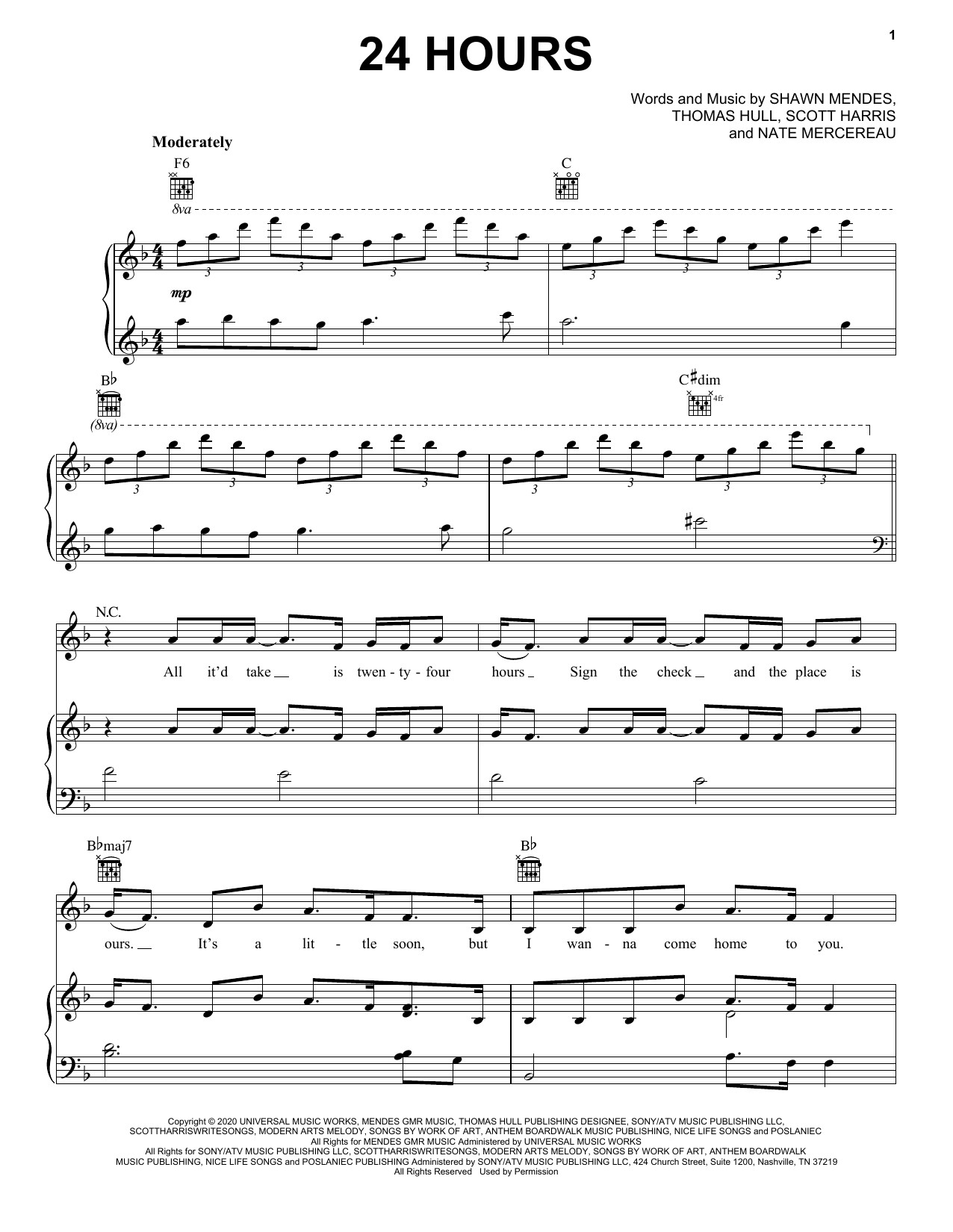 Shawn Mendes 24 Hours Sheet Music Notes & Chords for Piano, Vocal & Guitar (Right-Hand Melody) - Download or Print PDF