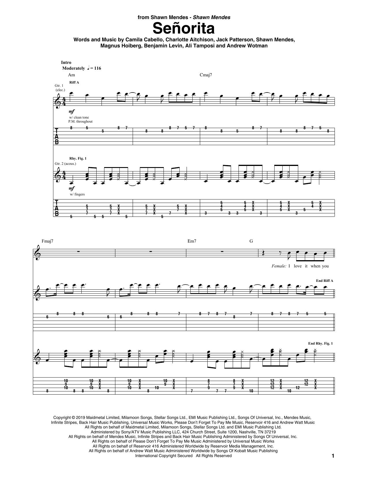 Shawn Mendes & Camila Cabello Señorita Sheet Music Notes & Chords for Guitar Tab - Download or Print PDF