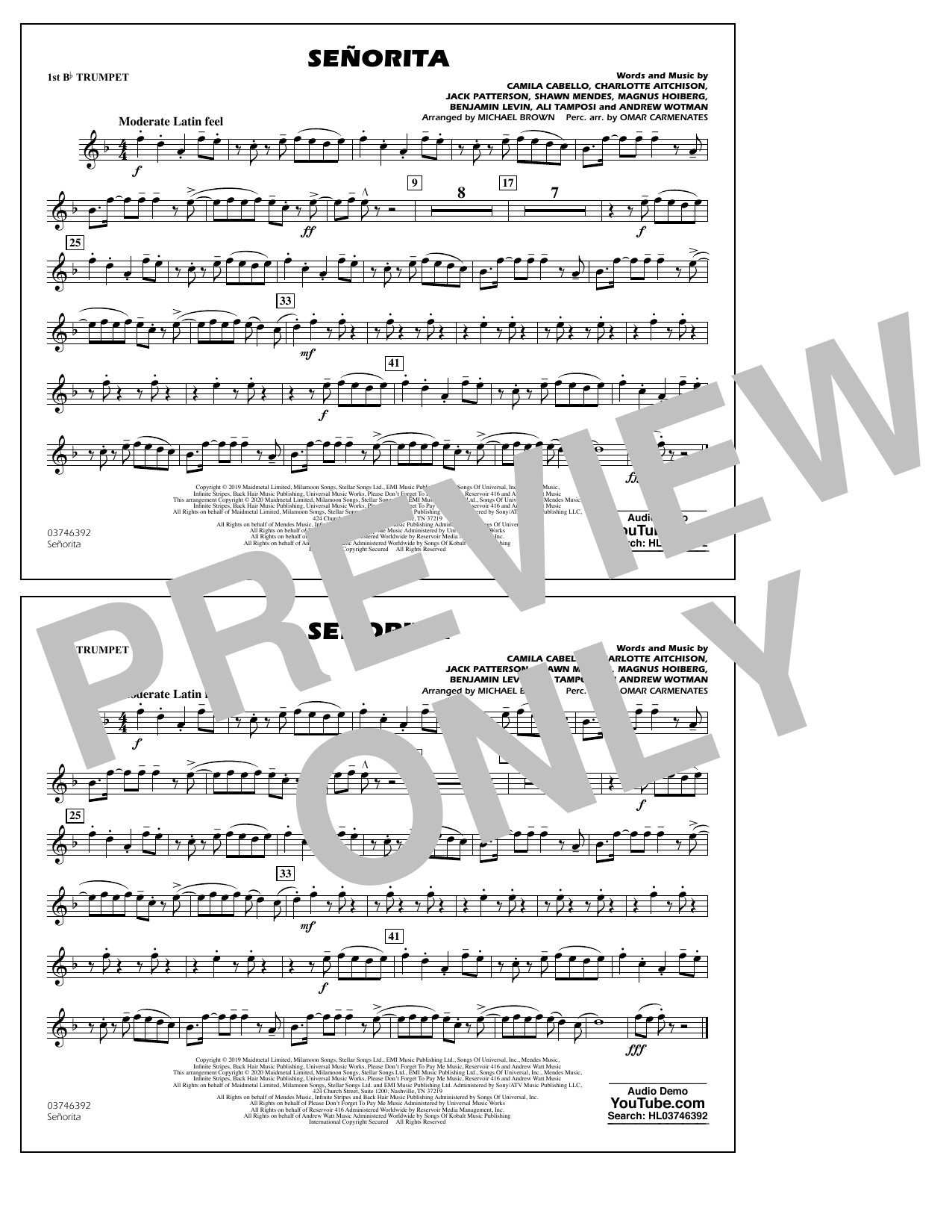 Shawn Mendes & Camila Cabello Señorita (arr. Carmenates and Brown) - 1st Bb Trumpet Sheet Music Notes & Chords for Marching Band - Download or Print PDF