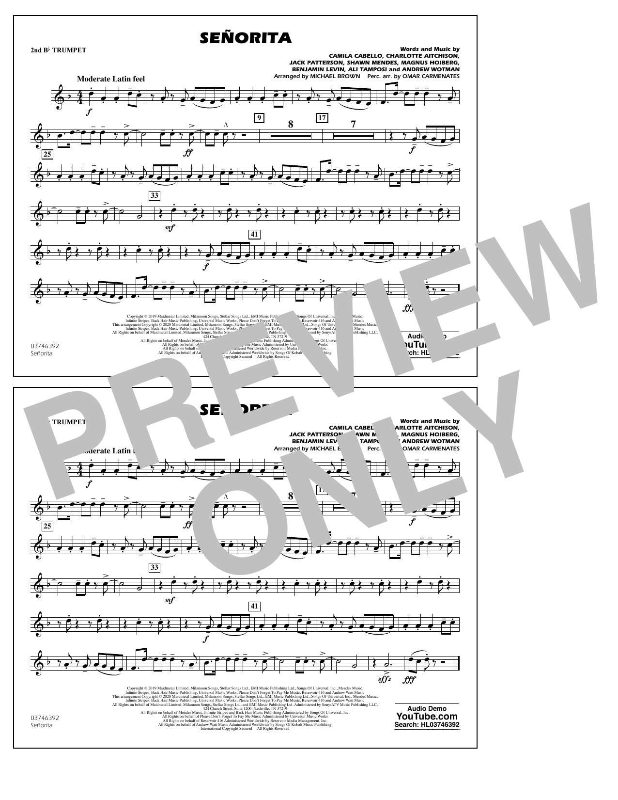 Shawn Mendes & Camila Cabello Señorita (arr. Carmenates and Brown) - 2nd Bb Trumpet Sheet Music Notes & Chords for Marching Band - Download or Print PDF