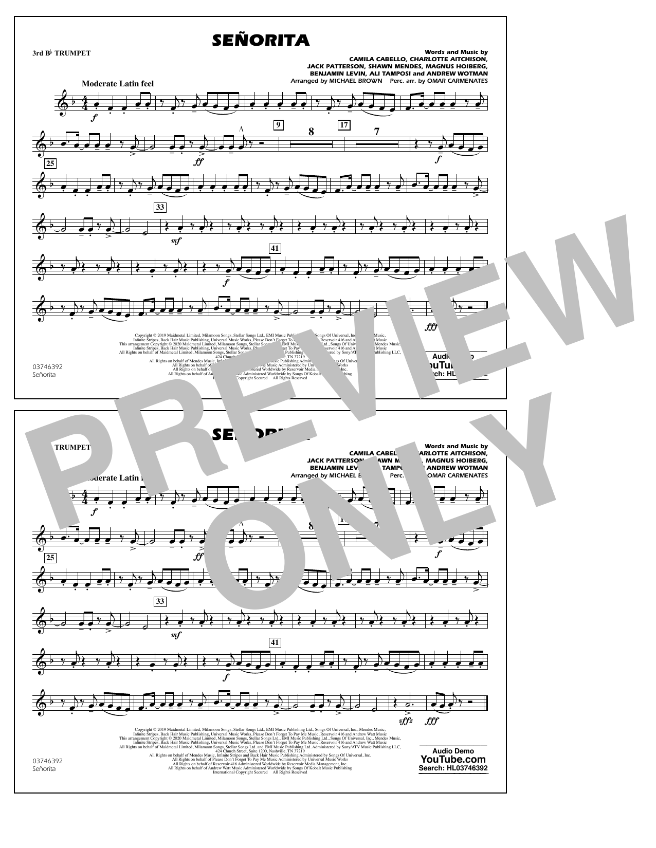 Shawn Mendes & Camila Cabello Señorita (arr. Carmenates and Brown) - 3rd Bb Trumpet Sheet Music Notes & Chords for Marching Band - Download or Print PDF