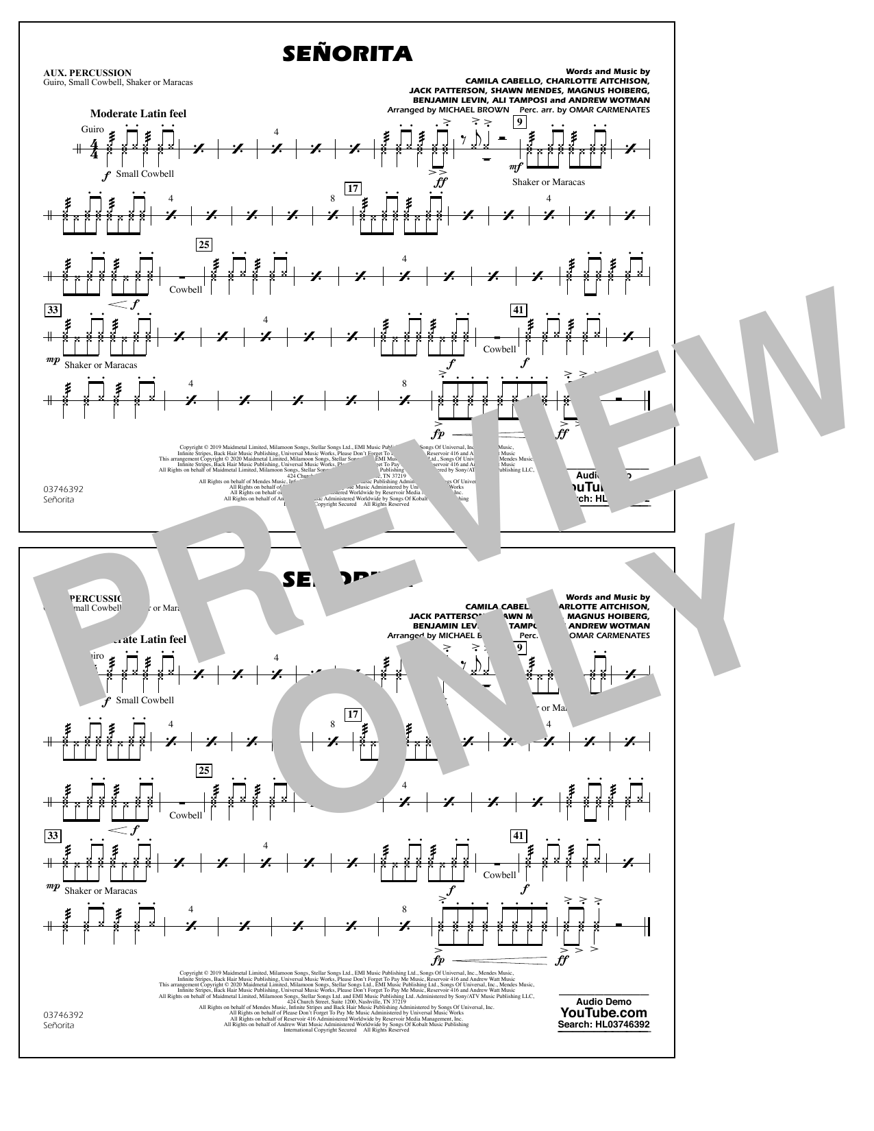 Shawn Mendes & Camila Cabello Señorita (arr. Carmenates and Brown) - Aux Percussion Sheet Music Notes & Chords for Marching Band - Download or Print PDF