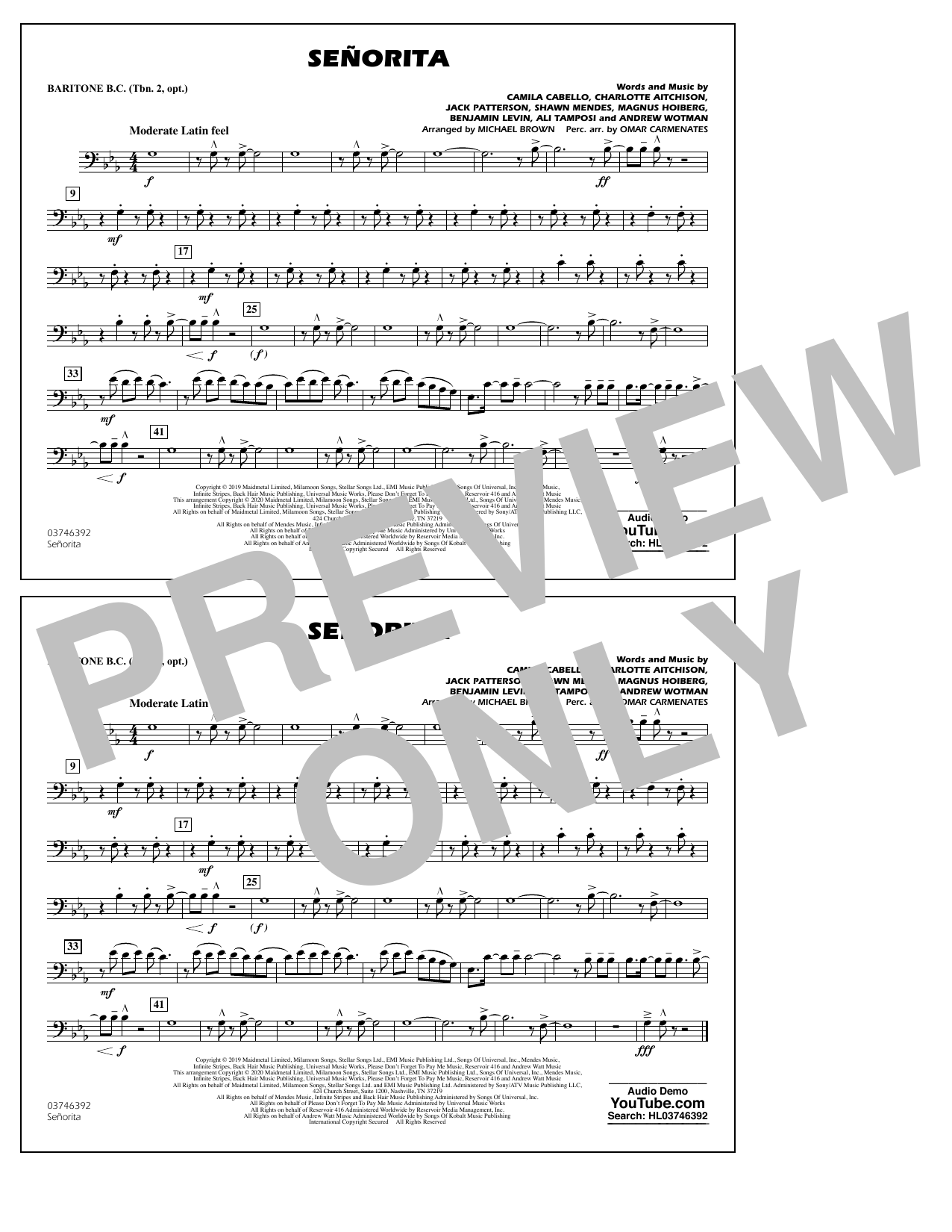 Shawn Mendes & Camila Cabello Señorita (arr. Carmenates and Brown) - Baritone B.C. Sheet Music Notes & Chords for Marching Band - Download or Print PDF