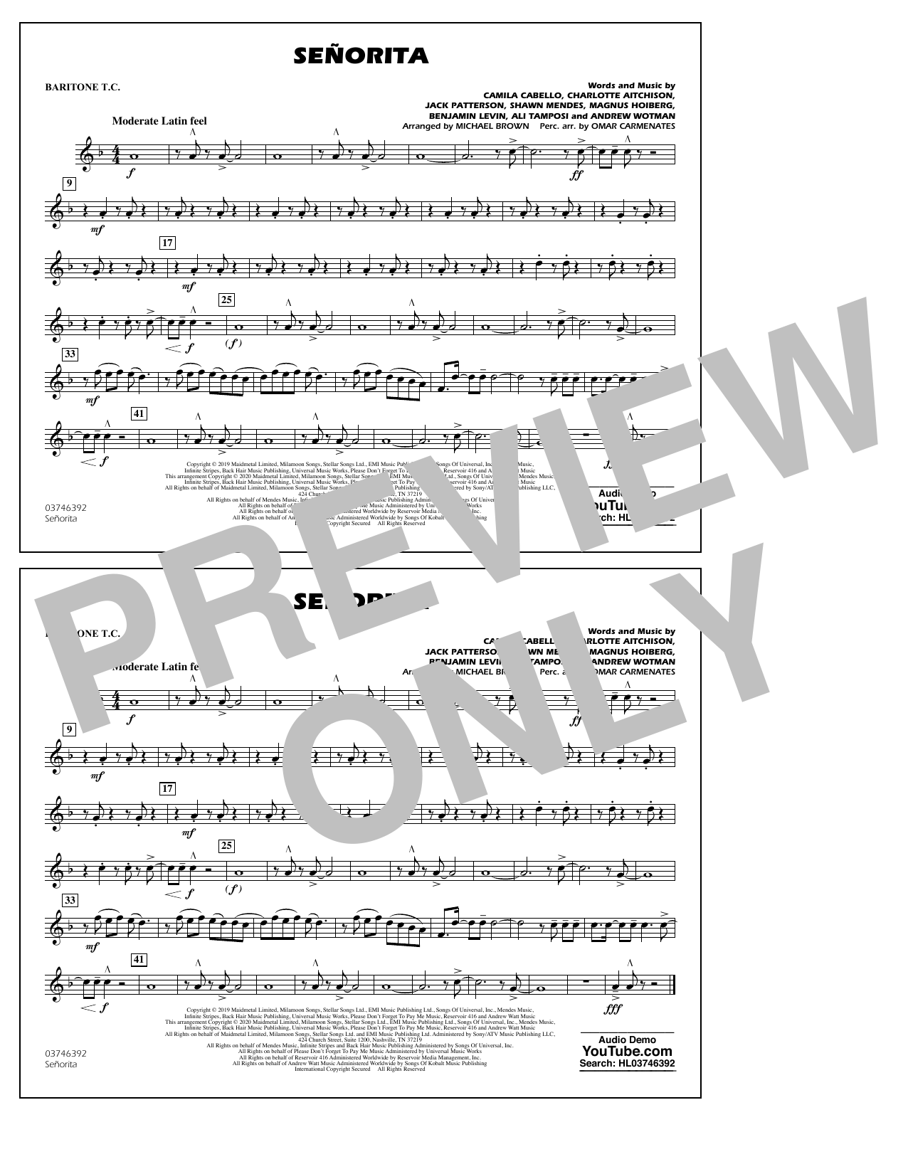 Shawn Mendes & Camila Cabello Señorita (arr. Carmenates and Brown) - Baritone T.C. Sheet Music Notes & Chords for Marching Band - Download or Print PDF