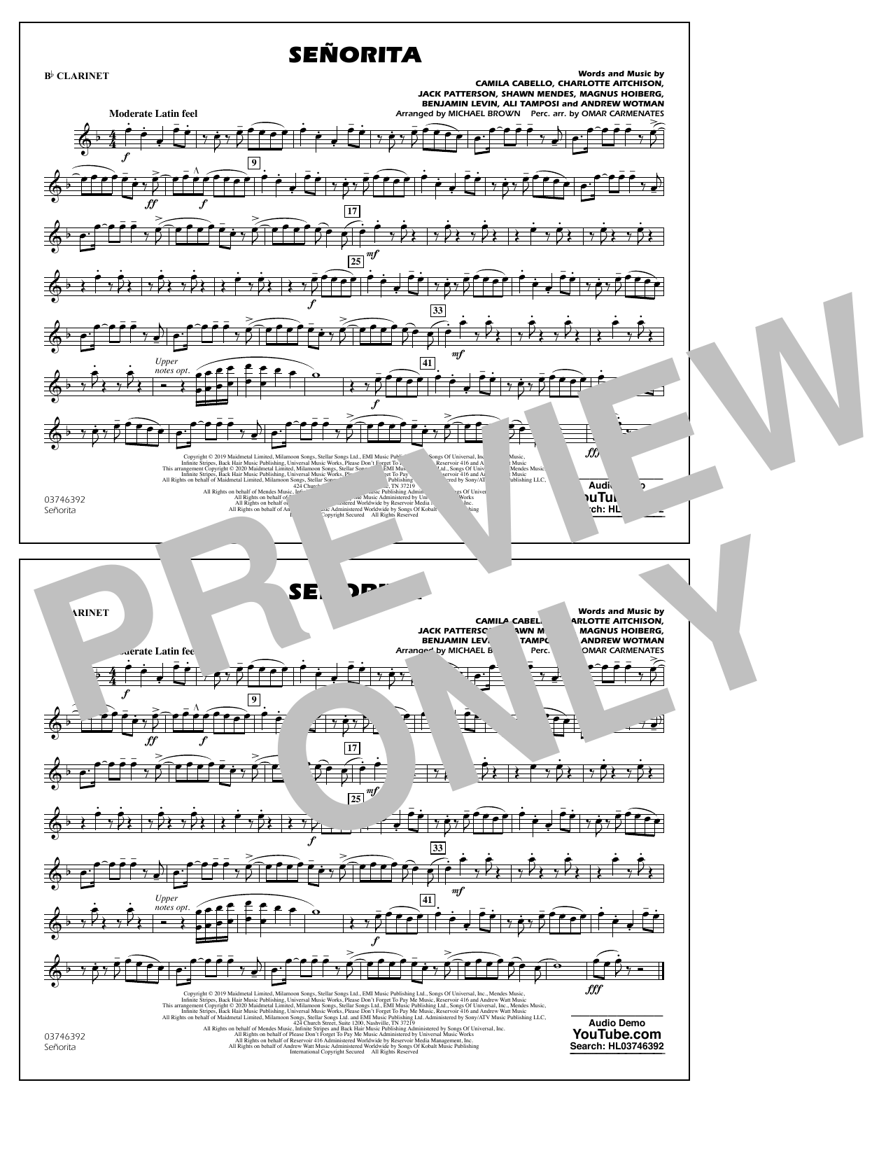 Shawn Mendes & Camila Cabello Señorita (arr. Carmenates and Brown) - Bb Clarinet Sheet Music Notes & Chords for Marching Band - Download or Print PDF