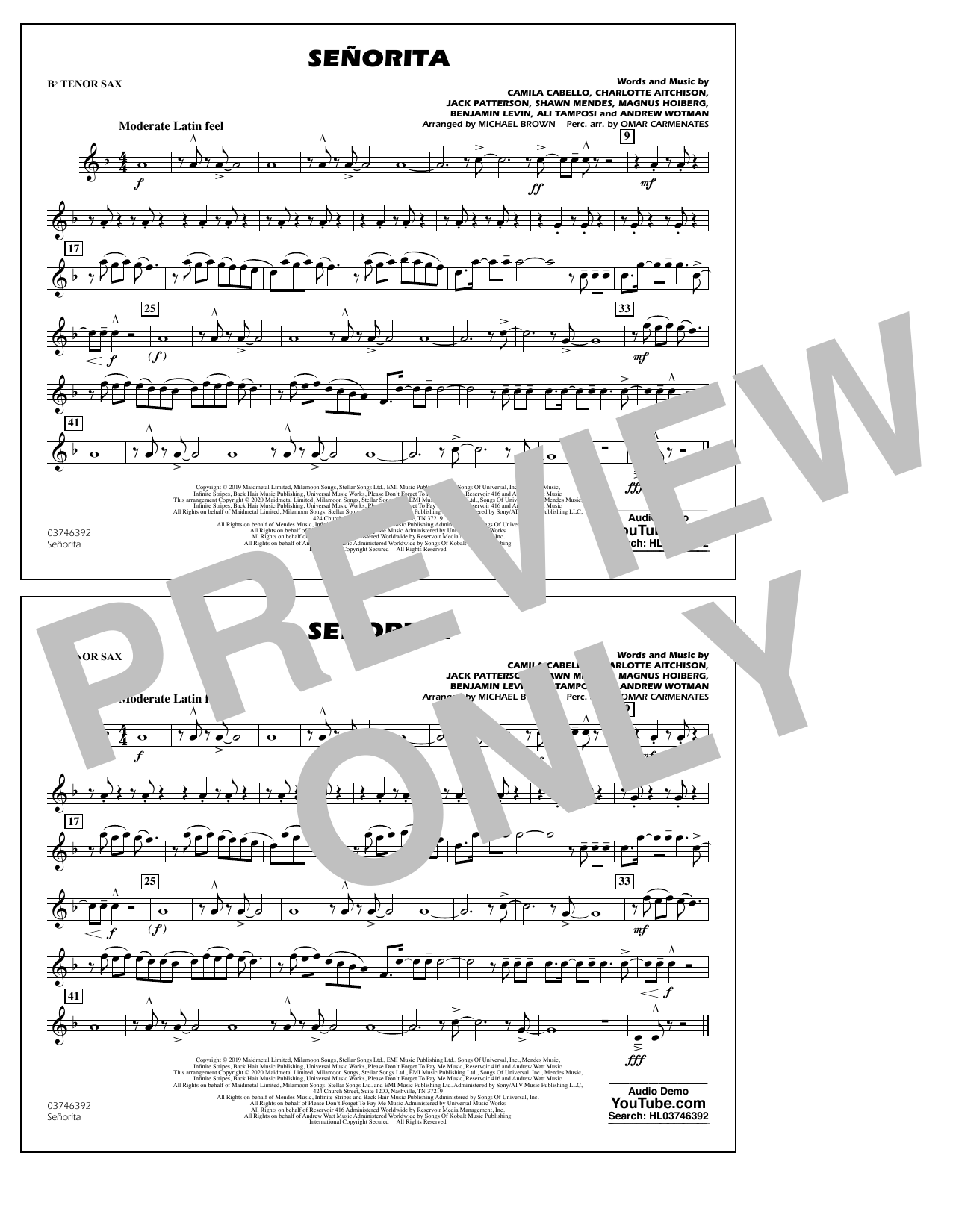 Shawn Mendes & Camila Cabello Señorita (arr. Carmenates and Brown) - Bb Tenor Sax Sheet Music Notes & Chords for Marching Band - Download or Print PDF