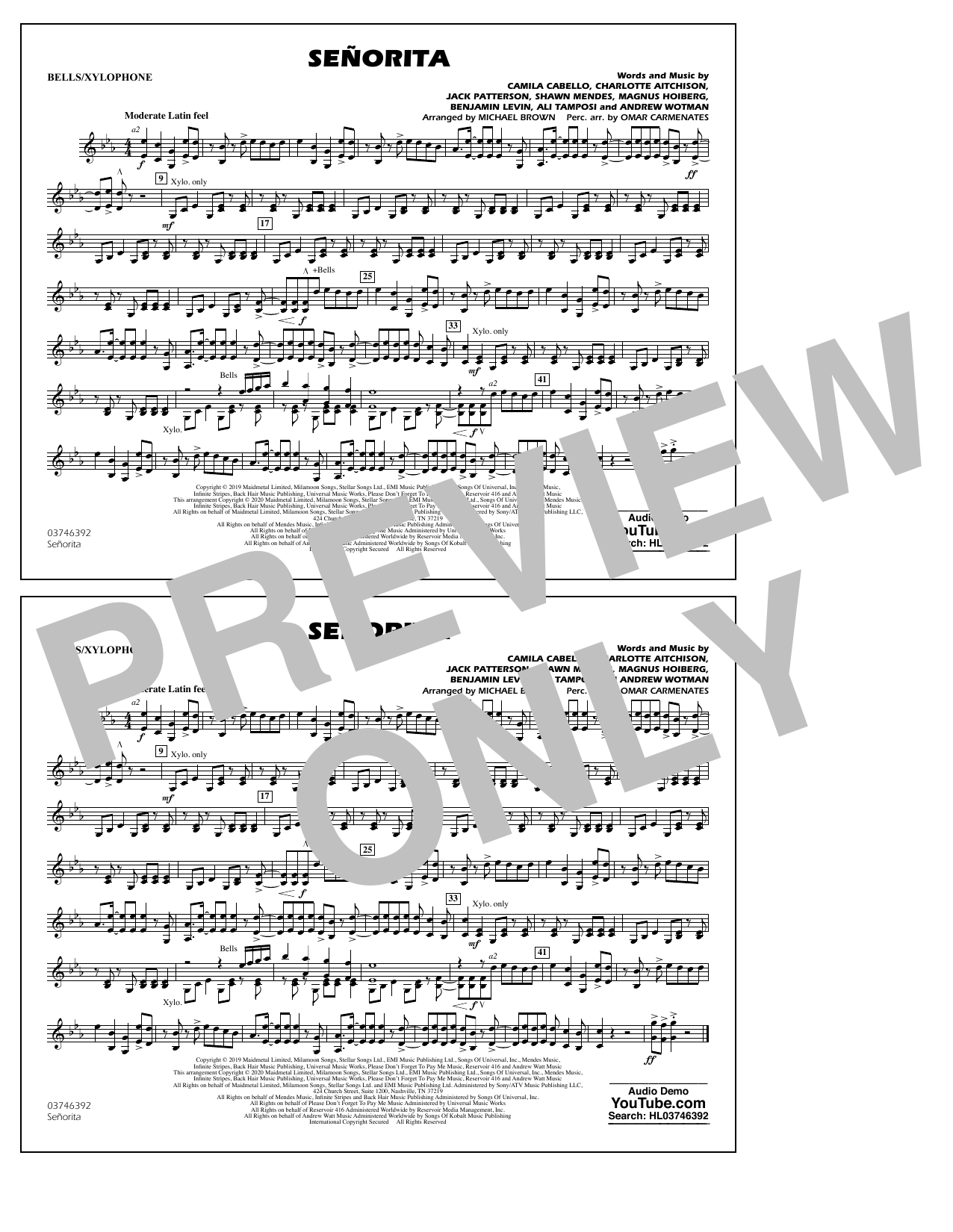 Shawn Mendes & Camila Cabello Señorita (arr. Carmenates and Brown) - Bells/Xylophone Sheet Music Notes & Chords for Marching Band - Download or Print PDF