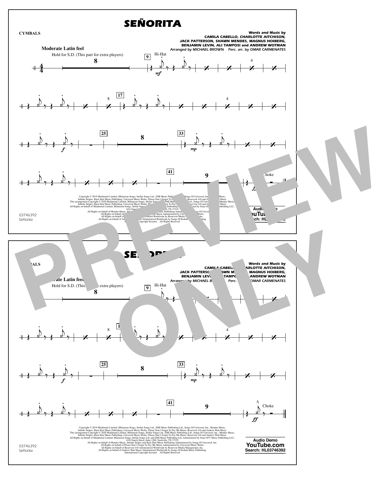 Shawn Mendes & Camila Cabello Señorita (arr. Carmenates and Brown) - Cymbals Sheet Music Notes & Chords for Marching Band - Download or Print PDF