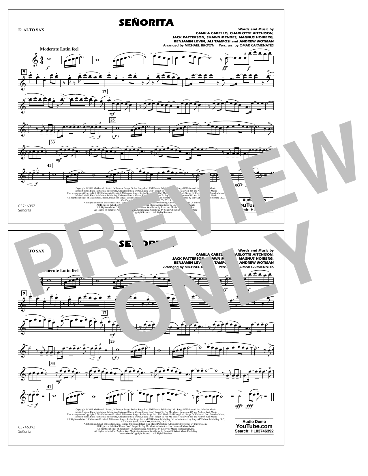Shawn Mendes & Camila Cabello Señorita (arr. Carmenates and Brown) - Eb Alto Sax Sheet Music Notes & Chords for Marching Band - Download or Print PDF