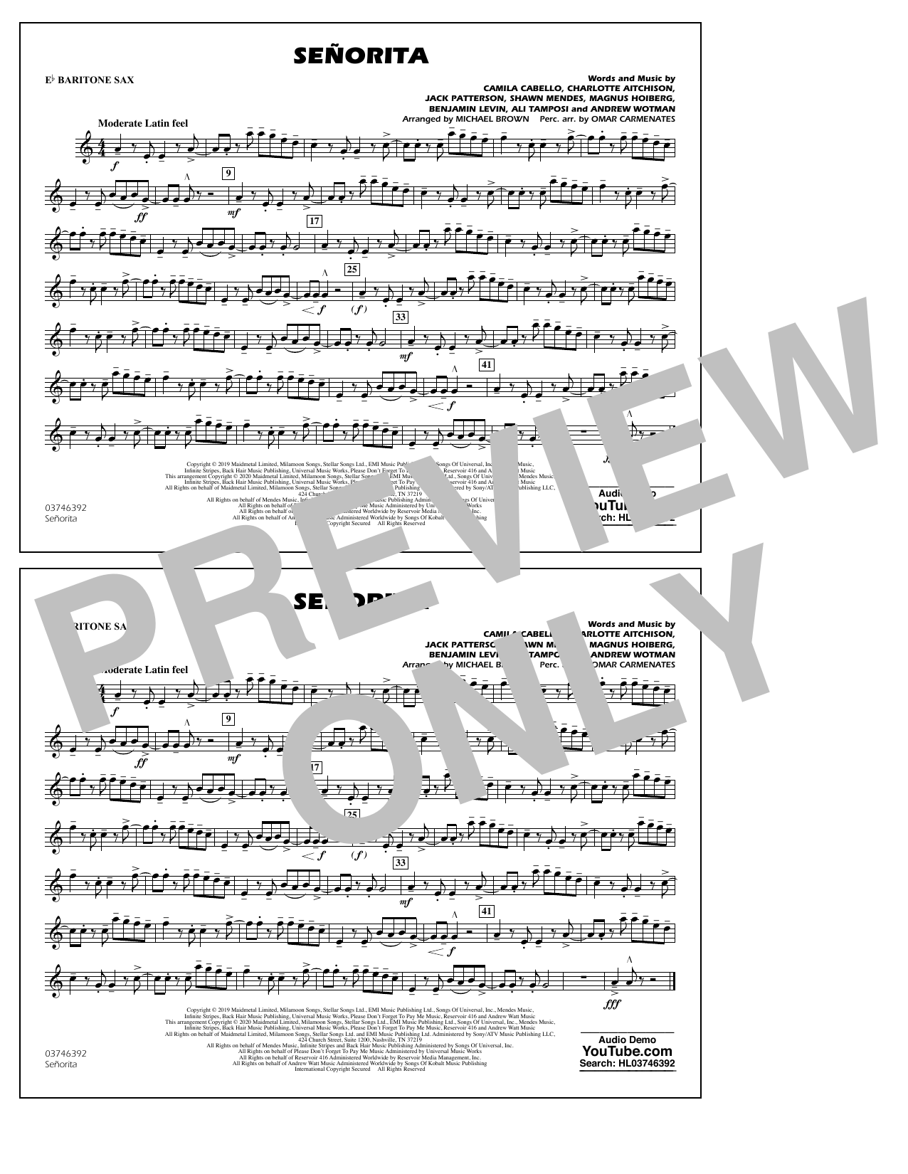 Shawn Mendes & Camila Cabello Señorita (arr. Carmenates and Brown) - Eb Baritone Sax Sheet Music Notes & Chords for Marching Band - Download or Print PDF