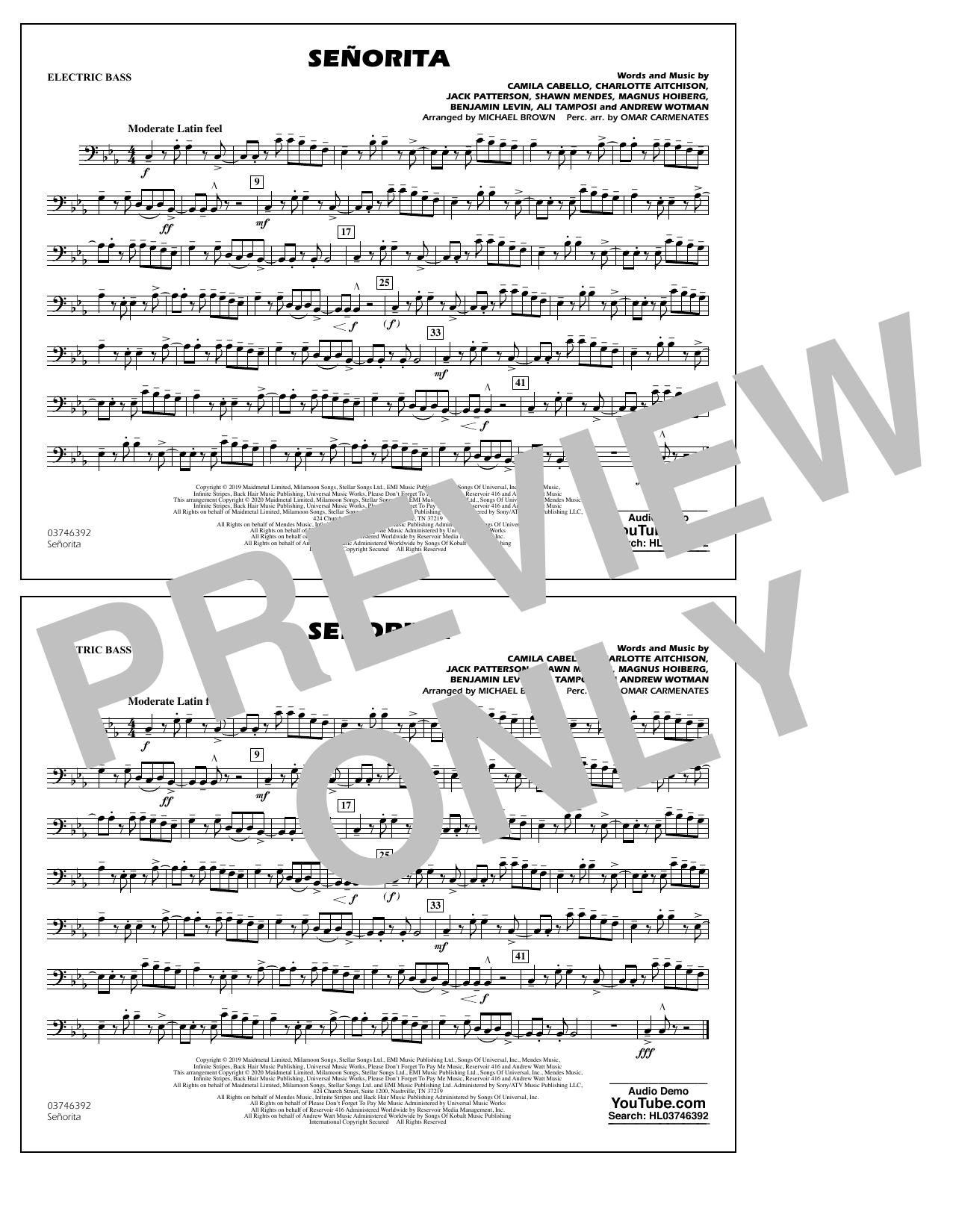 Shawn Mendes & Camila Cabello Señorita (arr. Carmenates and Brown) - Electric Bass Sheet Music Notes & Chords for Marching Band - Download or Print PDF