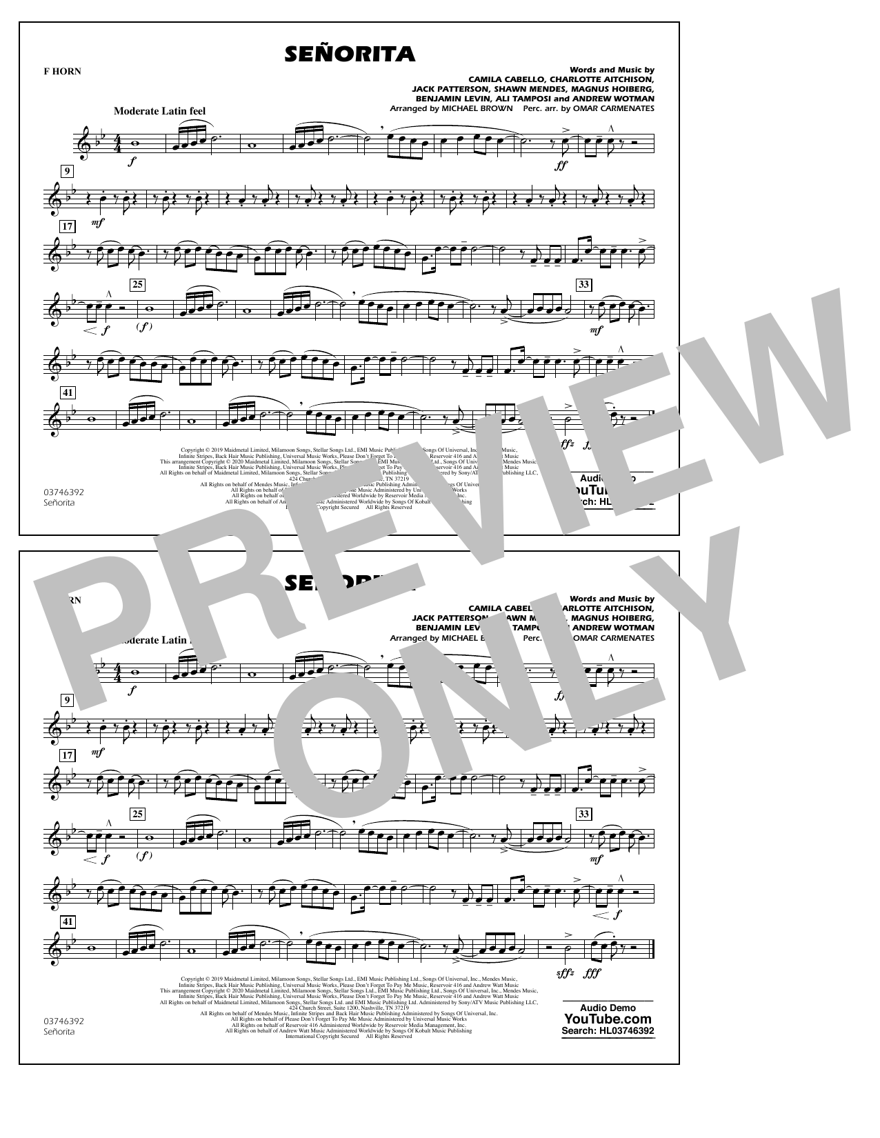 Shawn Mendes & Camila Cabello Señorita (arr. Carmenates and Brown) - F Horn Sheet Music Notes & Chords for Marching Band - Download or Print PDF