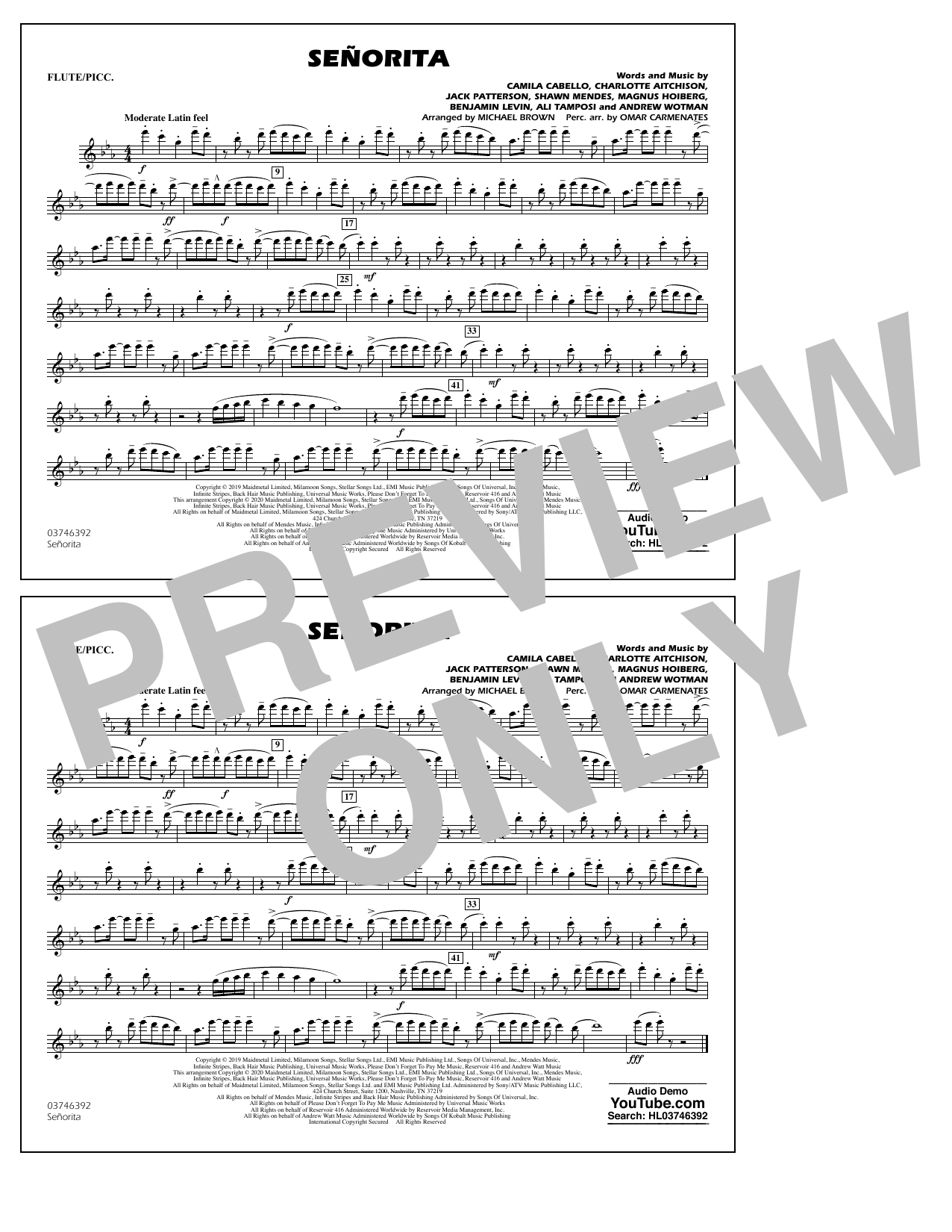 Shawn Mendes & Camila Cabello Señorita (arr. Carmenates and Brown) - Flute/Piccolo Sheet Music Notes & Chords for Marching Band - Download or Print PDF