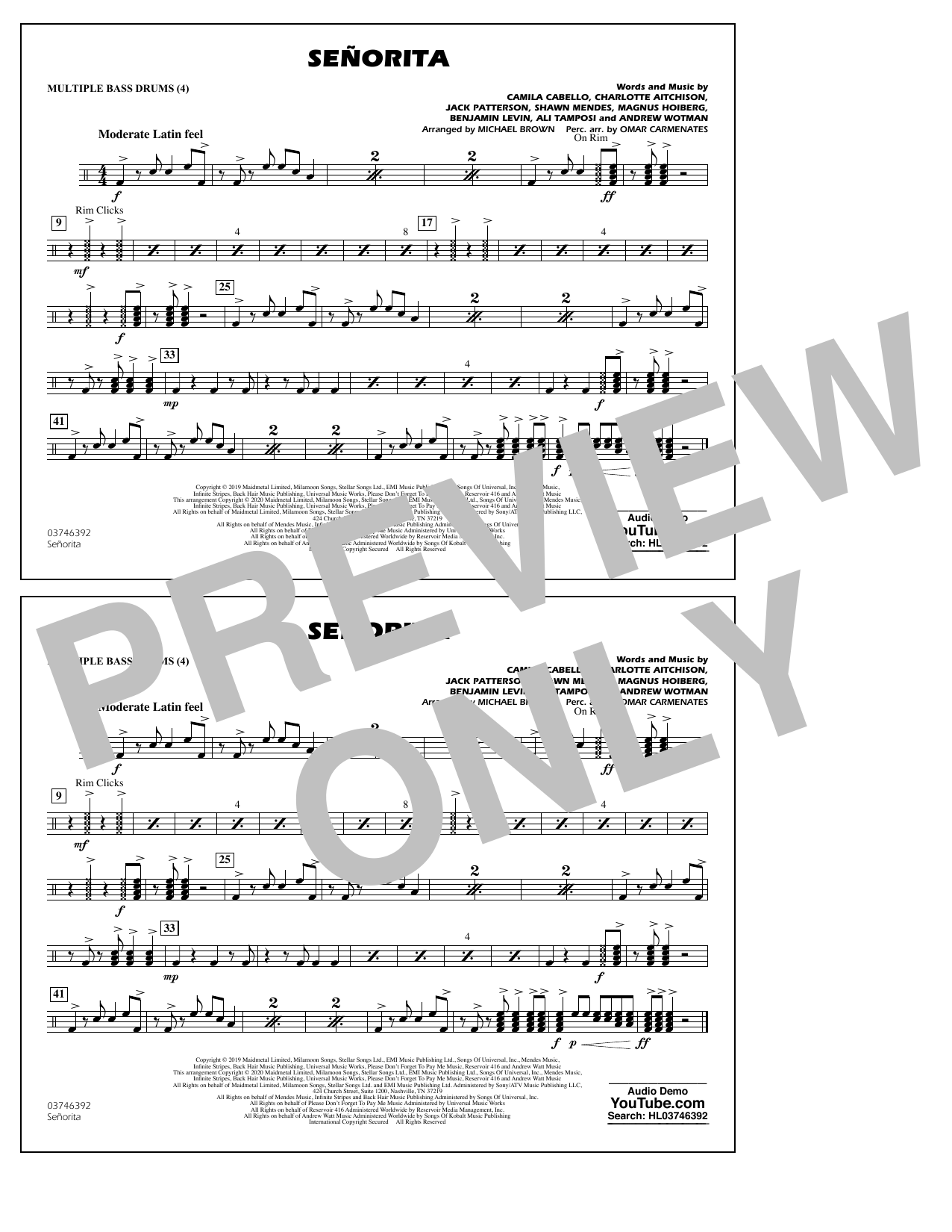 Shawn Mendes & Camila Cabello Señorita (arr. Carmenates and Brown) - Multiple Bass Drums Sheet Music Notes & Chords for Marching Band - Download or Print PDF